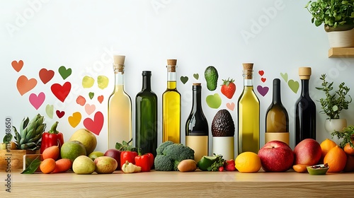 A variety of heart-healthy oils such as olive oil and avocado oil displayed alongside fresh vegetables and fruits on a kitchen counter 