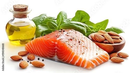 A selection of healthy foods like salmon, almonds, and leafy greens, with a bottle of heart-healthy oil in the background  photo