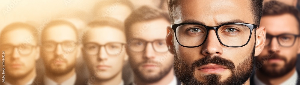 Confident leader with glasses and beard addresses a group, portrait of visionary leadership expertise Confident leader with glasses and beard addresses a group, portrait of visionary leadership expertise