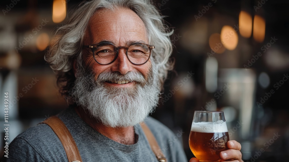 Man with a beard and glasses is smiling and holding a glass of beer. Concept of relaxation and enjoyment, as the man is in a happy and carefree mood Man with a beard and glasses is smiling and holding a glass of beer. Concept of relaxation and enjoyment, as the man is in a happy and carefree mood