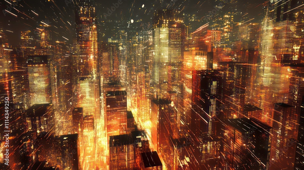 Aerial view of a futuristic city at night, glowing with warm light and dynamic streaks. Aerial view of a futuristic city at night, glowing with warm light and dynamic streaks.