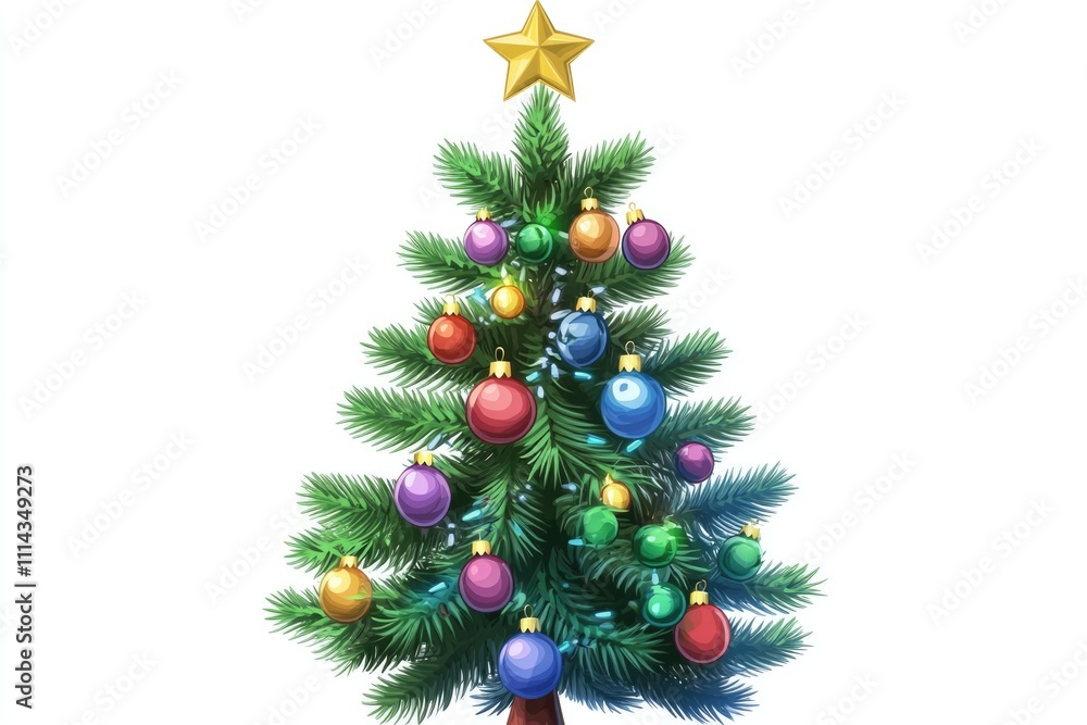 A Christmas tree decorated with ornaments and a star on top, suitable for holiday celebrations or winter scenes A Christmas tree decorated with ornaments and a star on top, suitable for holiday celebrations or winter scenes