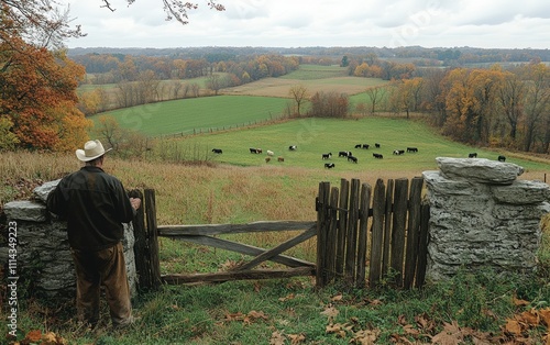 A lone farmer, back turned, surveys his autumnal pasture; cattle graze peacefully in the distance, a rustic gate awaits repair. Serenity in the countryside.