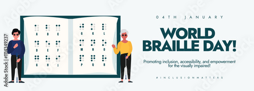 Braille Day. World Braille Day awareness cover with Blind People, Braille Dot book. Blind people educational book. Braille education resources or disability rights post. 4th January Braille Day post