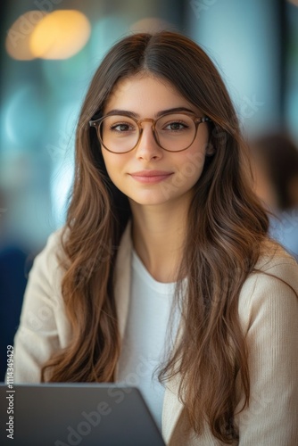 Woman works on laptop