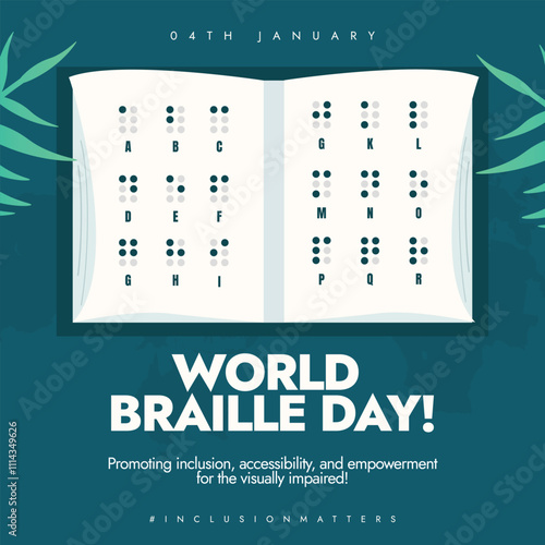 World Braille Day. Braille Day awareness social media post with book of Braille language. Braille alphabet book. Blind or visually impaired language. Braille dots or alphabet