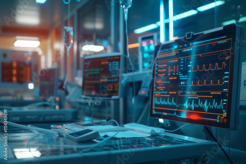 Medical technology hospital setting showcasing use computer technologies for treatment. Concept Hospital Technologies