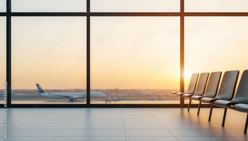 Fototapeta premium Empty airport terminal with sunrise view through large windows, airplane on tarmac, inviting journey and exploration.
