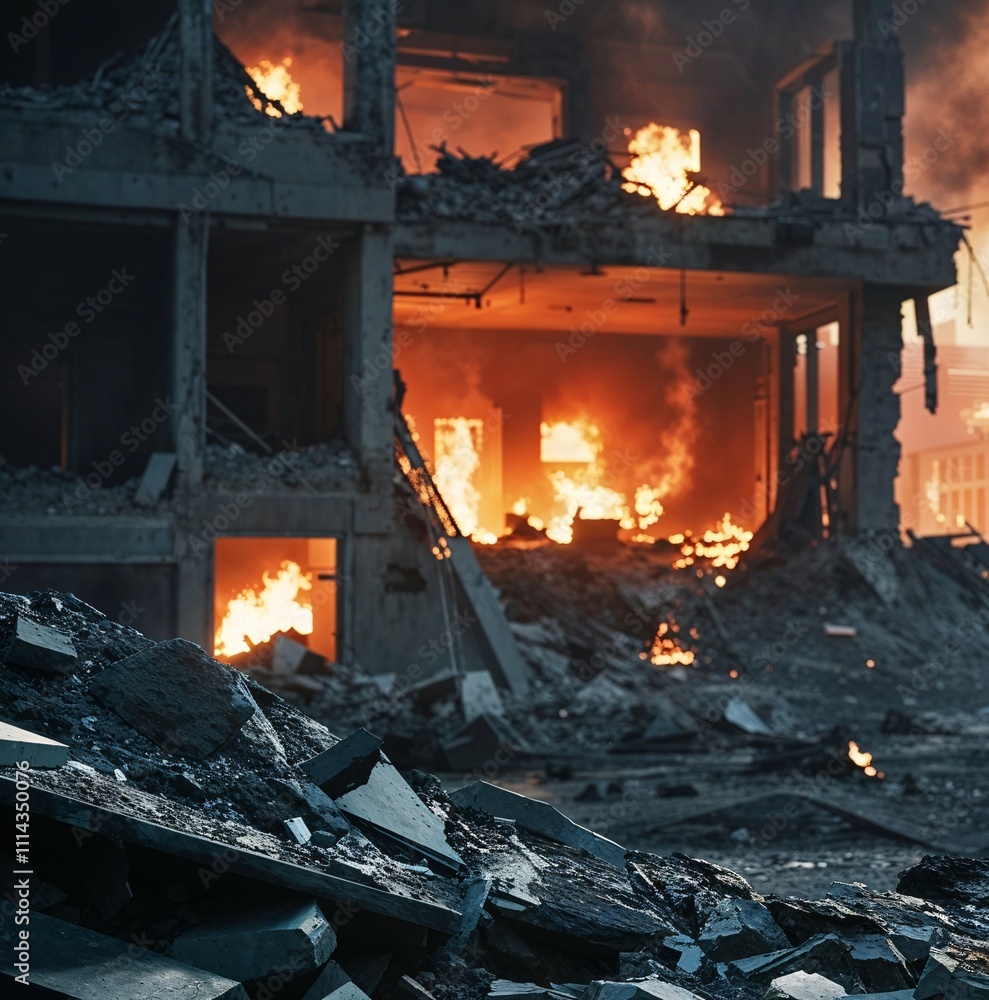 Aftermath of Devastation:  A haunting image of a building consumed by flames, the remnants of a once-standing structure now reduced to rubble. The fiery glow illuminates the debris.
