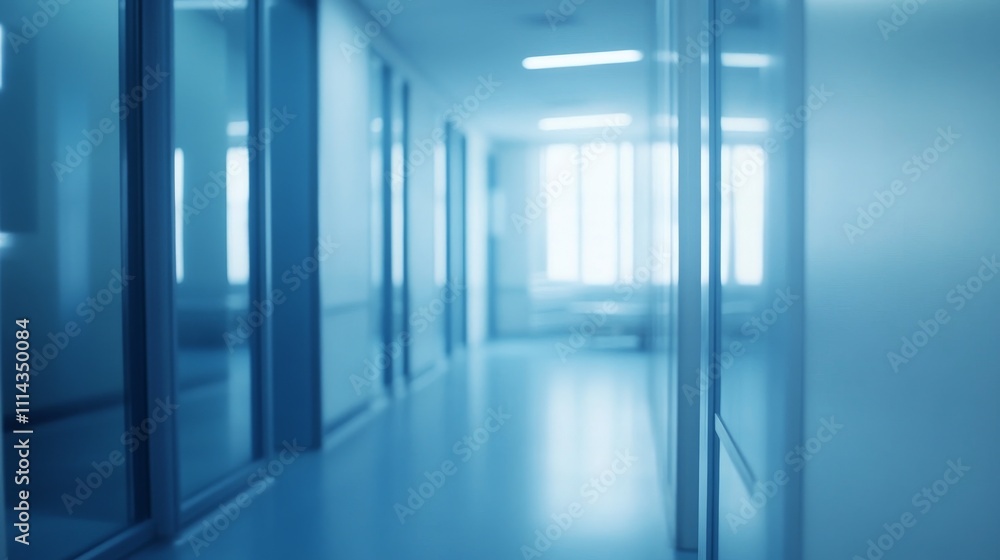 Modern blue office corridor with glass walls and soft lighting Modern blue office corridor with glass walls and soft lighting