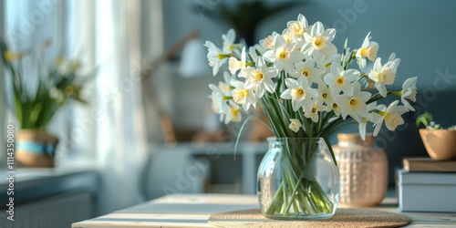 minimalist Home office, interior for bloggers workplace with white daffodils in a vase