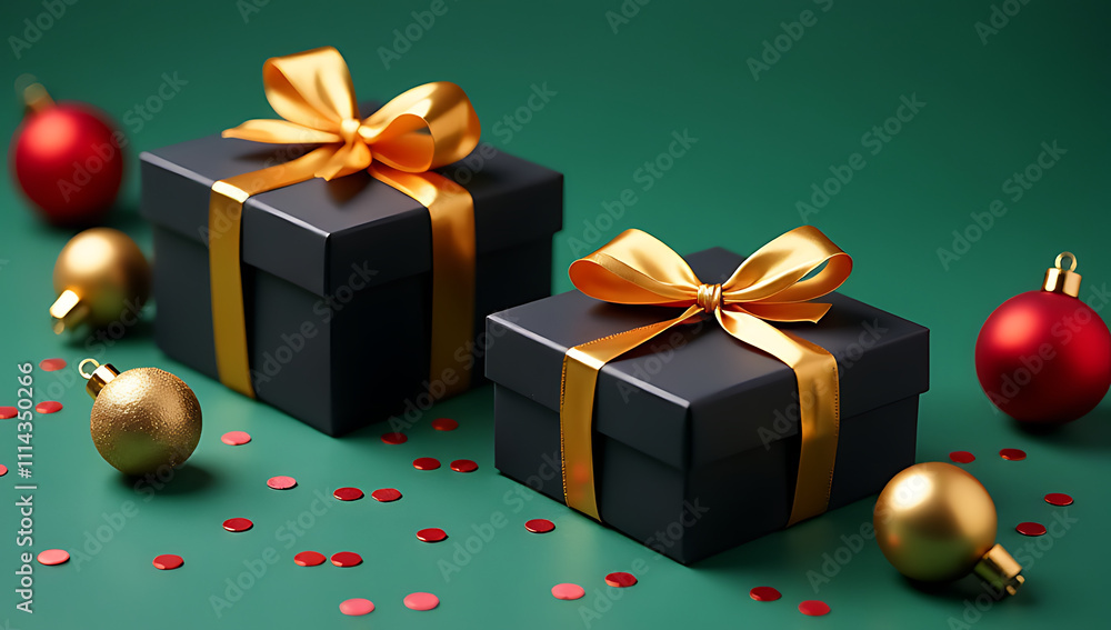 Luxurious black gift boxes wrapped in golden ribbons sit atop a green surface surrounded by stylish ornaments and confetti._00001_ Luxurious black gift boxes wrapped in golden ribbons sit atop a green surface surrounded by stylish ornaments and confetti._00001_