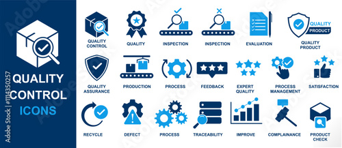 quality control icon set.  product improvement, inspection, management, process, quality check etc concept. 