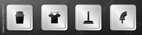 Set Trash can, Drying clothes, Rubber plunger and cleaner for windows icon. Silver square button. Vector