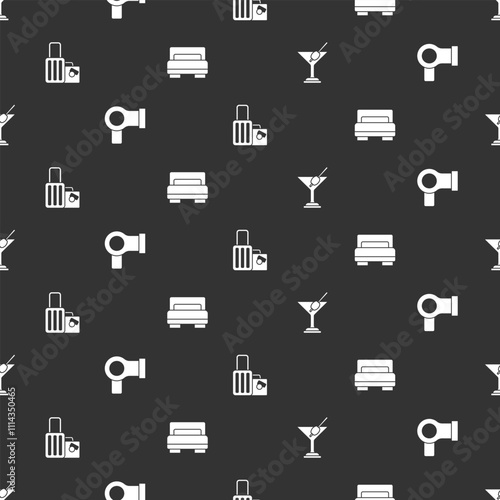 Set Martini glass, Hair dryer, Suitcase and Hotel room bed on seamless pattern. Vector