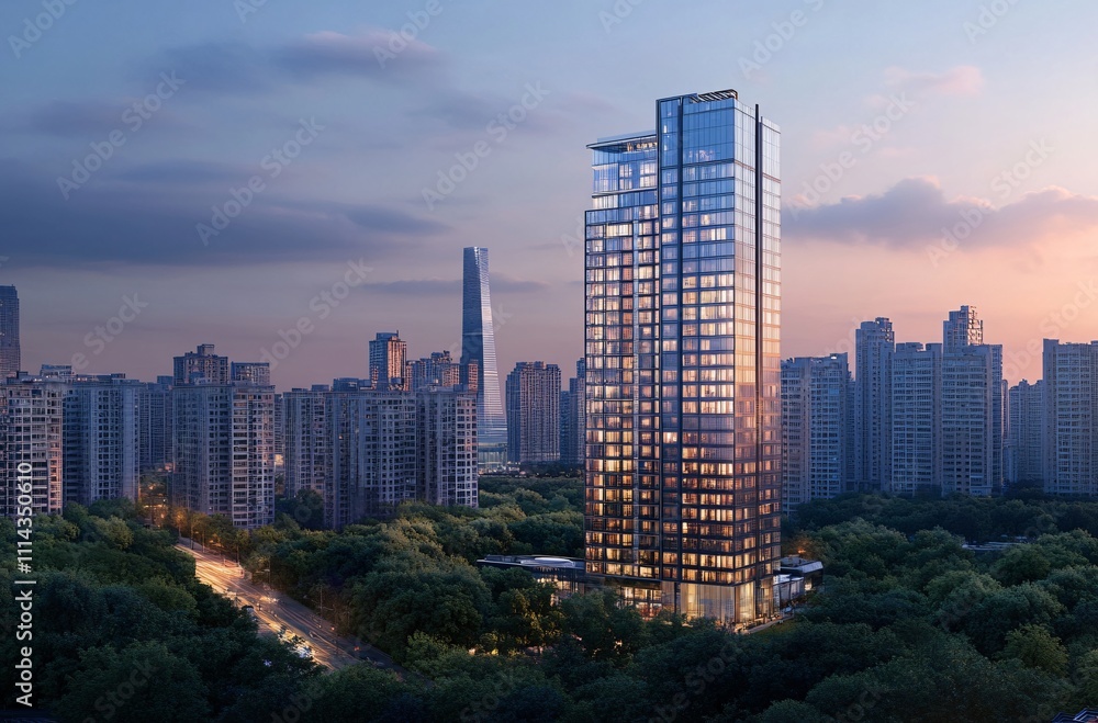 Obraz premium Aerial view of a city at night showcasing a solitary apartment building and office towers with illuminated facades, highlighting the vibrant real estate and commercial districts of the urban skyline.