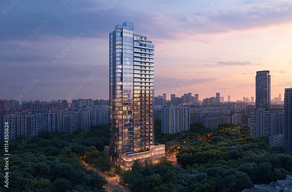 Obraz premium Aerial view of a city at night showcasing a solitary apartment building and office towers with illuminated facades, highlighting the vibrant real estate and commercial districts of the urban skyline.