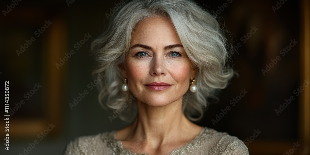 Fototapeta premium Elegant woman with silver hair posing gracefully in soft lighting, showcasing timeless beauty and confidence at an artful venue