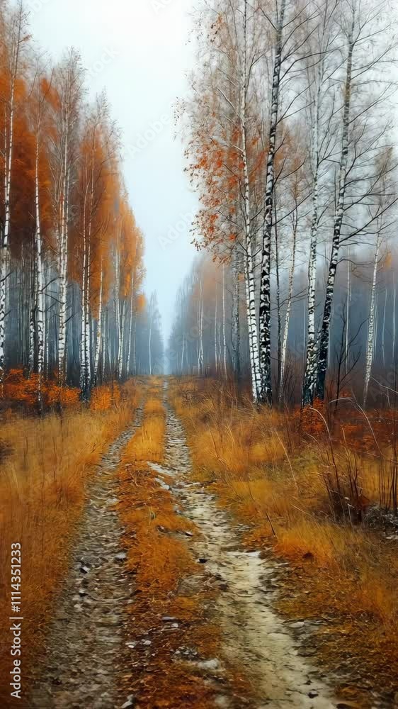 Path through a foggy autumn forest with vibrant foliage and soft lighting Path through a foggy autumn forest with vibrant foliage and soft lighting