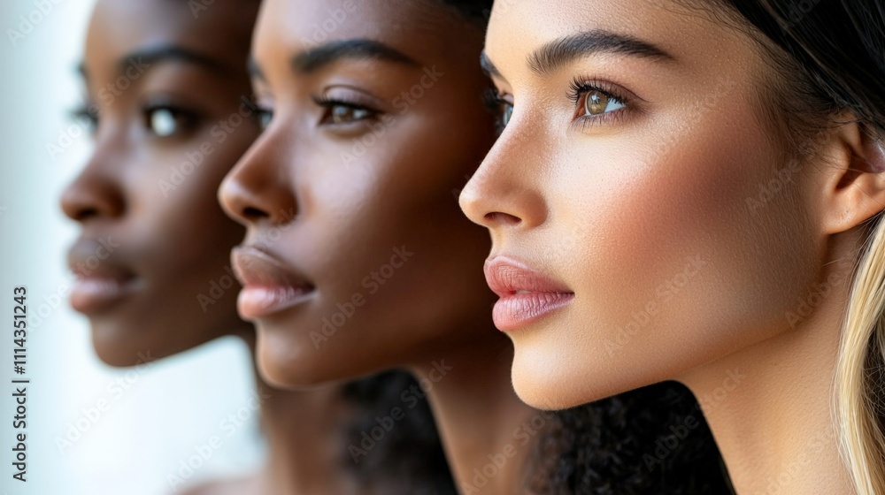 Three women of diverse backgrounds showcase beauty and elegance, highlighting their unique features and profiles against a soft backdrop. Three women of diverse backgrounds showcase beauty and elegance, highlighting their unique features and profiles against a soft backdrop.