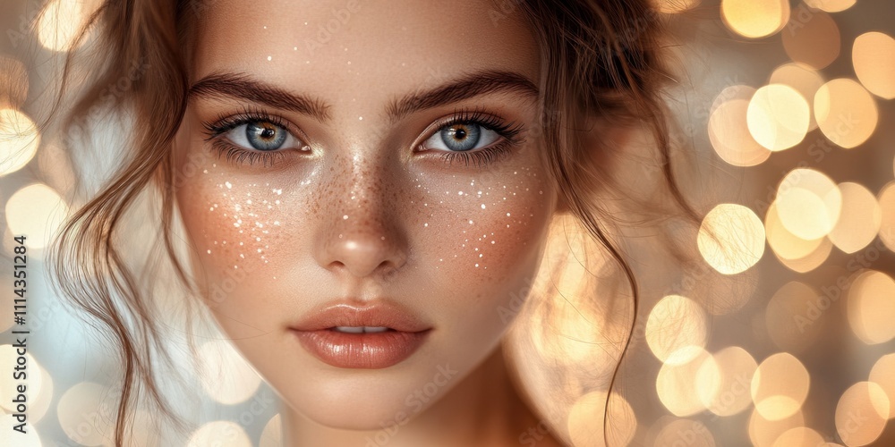 Stunning close-up of a young woman with sparkling freckles and captivating blue eyes against a dreamy bokeh background at twilight Stunning close-up of a young woman with sparkling freckles and captivating blue eyes against a dreamy bokeh background at twilight