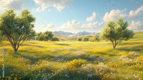 Summer landscape with little trees vegetation grassland outdoors