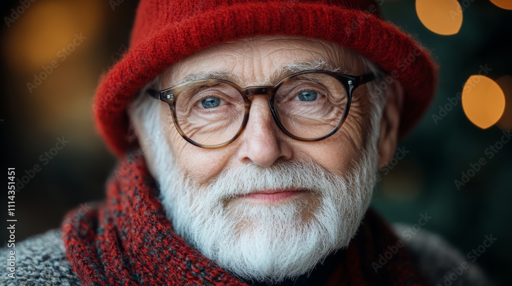 Man with a red hat and glasses is smiling. He is wearing a red scarf and a black coat Man with a red hat and glasses is smiling. He is wearing a red scarf and a black coat