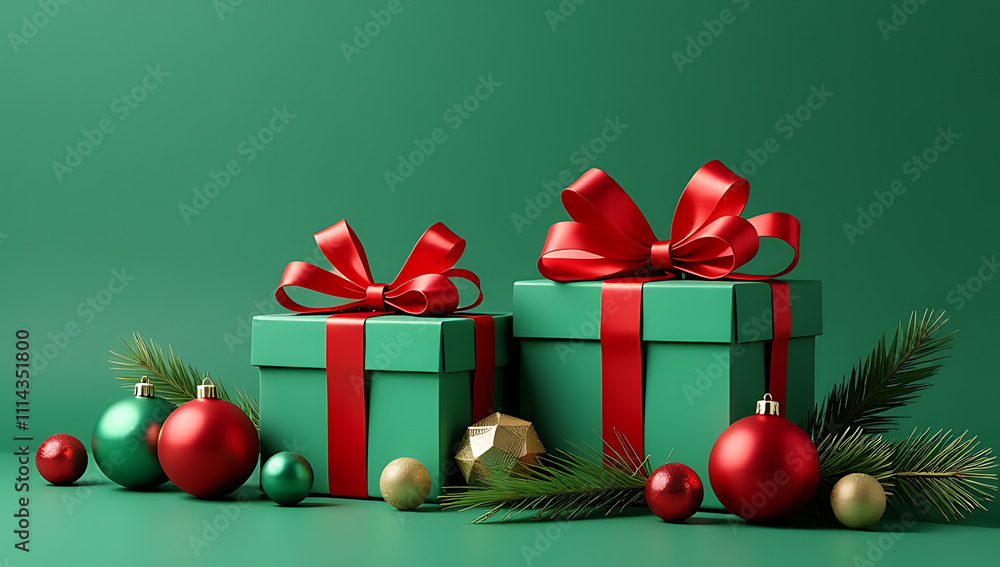 Gift boxes with ribbon bows surrounded by green and red baubles, a gold star ornament, and pine branches on an isolated green background._00001_ Gift boxes with ribbon bows surrounded by green and red baubles, a gold star ornament, and pine branches on an isolated green background._00001_