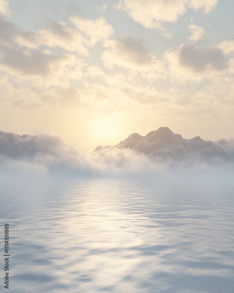 Obraz premium Illustration Featuring a Foggy Horizon Over a Calm Body of Water, Perfect for Evoking a Sense of Mystery and Tranquility in Design Projects