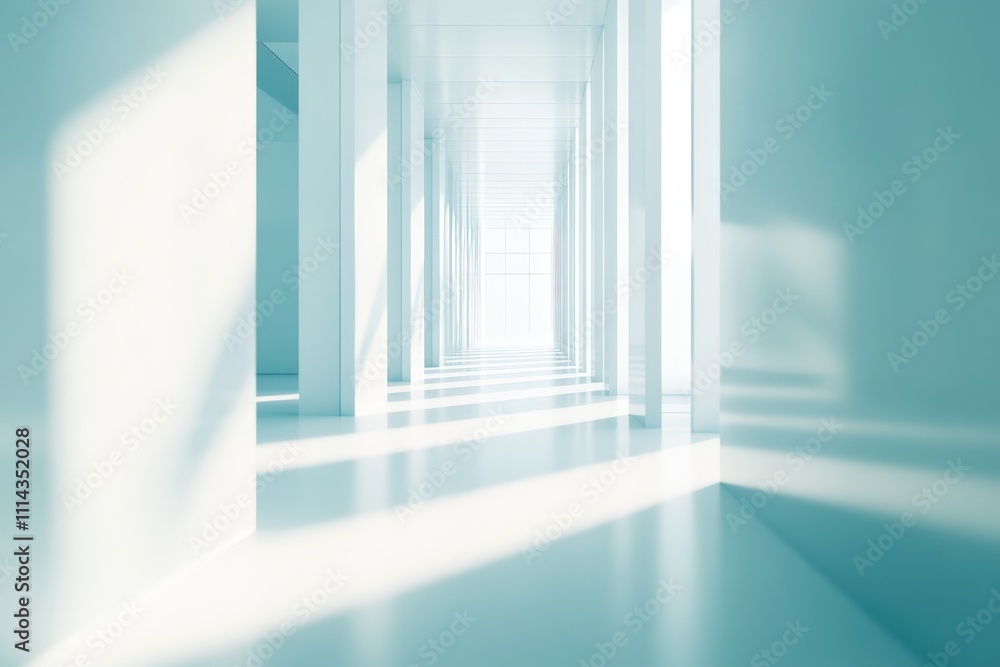Serene minimalist white hallway with sunlit shadows and architectural symmetry Serene minimalist white hallway with sunlit shadows and architectural symmetry