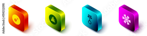 Set Isometric Mars symbol, Air element, Old magic key and Sun icon. Vector