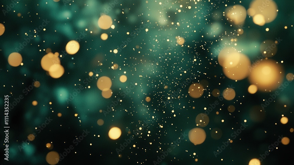 Soft Illuminated Deep Teal Background with Golden Bokeh Particles Floating in Space Soft Illuminated Deep Teal Background with Golden Bokeh Particles Floating in Space