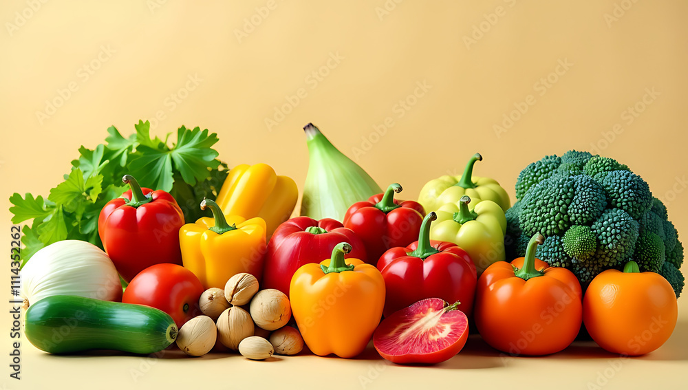 Fresh produce in abundance a colorful arrangement of seasonal vegetables, fruits, and nuts set against a simple beige backdrop._00001_ Fresh produce in abundance a colorful arrangement of seasonal vegetables, fruits, and nuts set against a simple beige backdrop._00001_