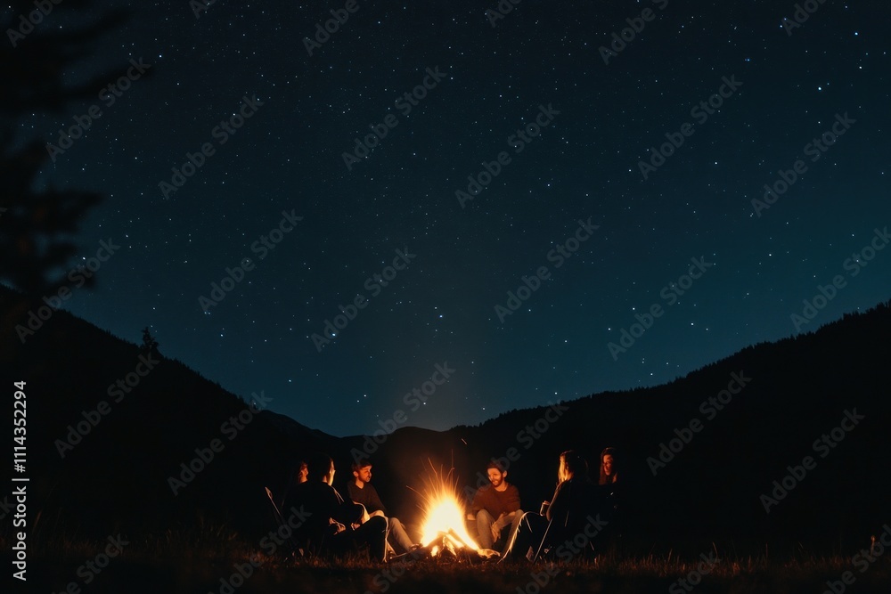 Obraz premium Friends gather around a campfire under a starry night sky