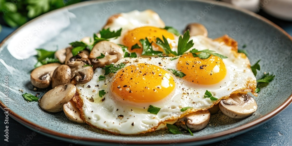 A plate featuring fried eggs, accompanied by white mushrooms and garnished with parsley, is presented as a delicious dish. A plate featuring fried eggs, accompanied by white mushrooms and garnished with parsley, is presented as a delicious dish.