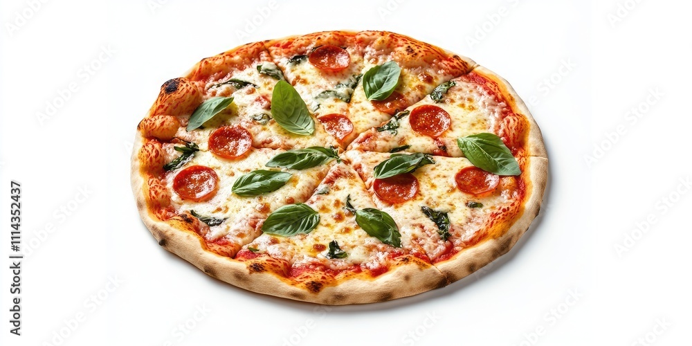 Traditional Neapolitan Margherita Pizza set against a white backdrop, showcasing its simplicity and authenticity in flavor and presentation. Classic Margherita Pizza. Traditional Neapolitan Margherita Pizza set against a white backdrop, showcasing its simplicity and authenticity in flavor and presentation. Classic Margherita Pizza.