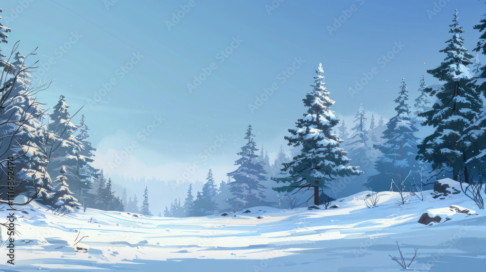 Obraz premium Quiet winter landscape with snow-covered pine trees under a clear blue sky, capturing winter's tranquility