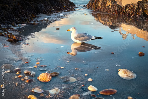 Seagull on beach during sunset