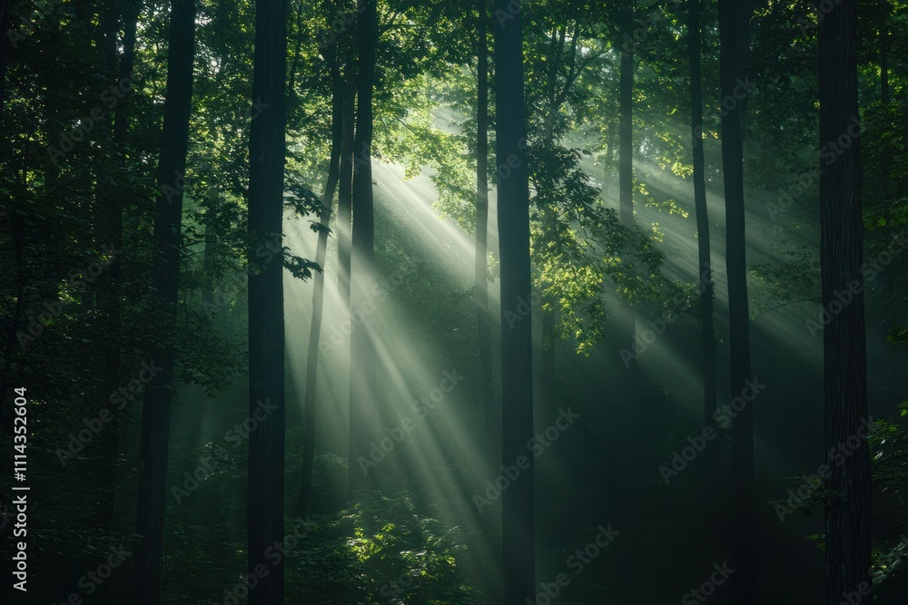Fototapeta premium Sunbeams Illuminate a Misty Forest Scene