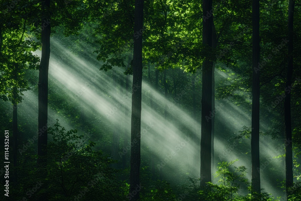 Sunbeams Illuminate Misty Green Forest Trees Sunbeams Illuminate Misty Green Forest Trees
