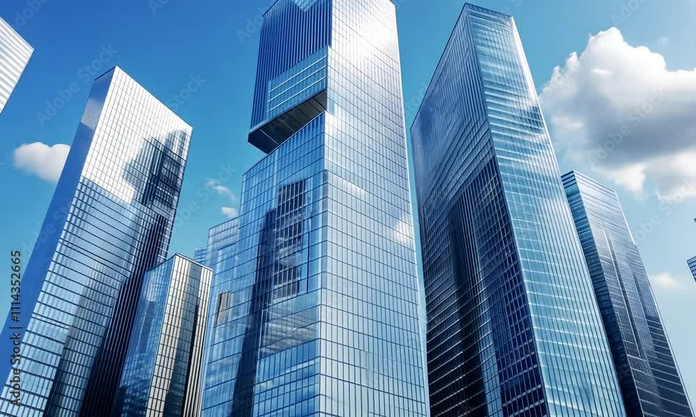 Modern skyscrapers with glass facade reflecting the blue sky and clouds. Modern skyscrapers with glass facade reflecting the blue sky and clouds.