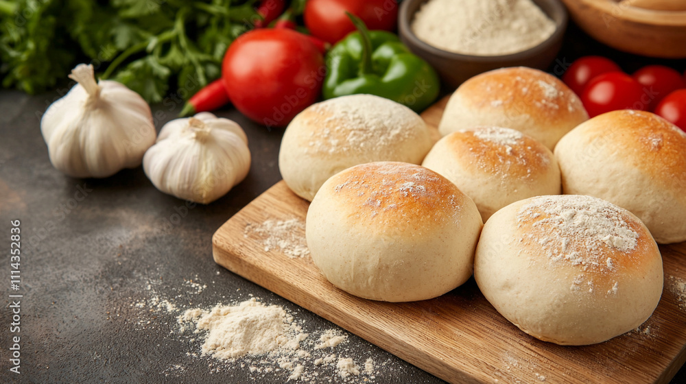 Fresh homemade bread rolls on a wooden board with tomatoes, peppers, garlic, and flour in the background.
