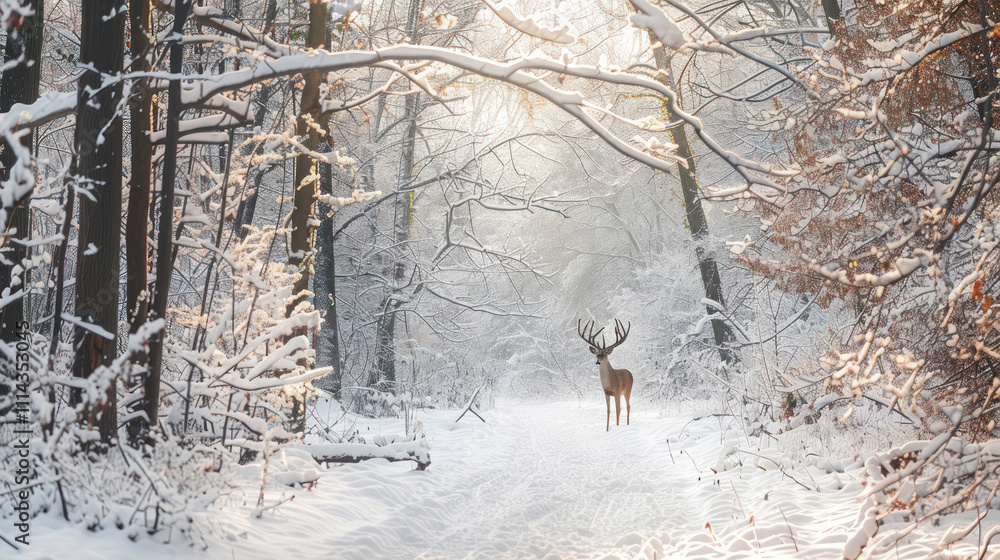 Quiet winter scene with a deer standing in the snow-covered forest under a soft, pale sky Quiet winter scene with a deer standing in the snow-covered forest under a soft, pale sky