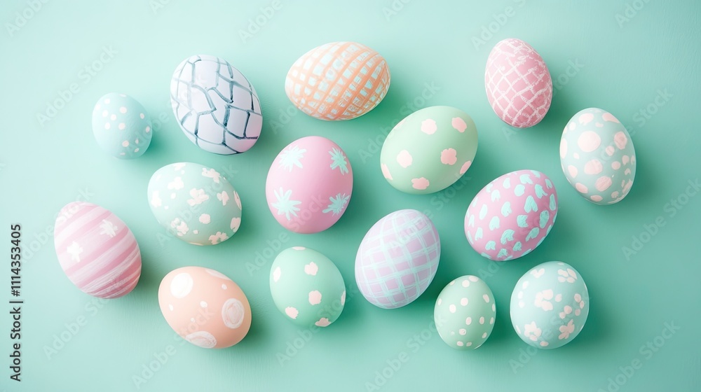 Easter card design featuring handmade pastel decorated eggs arranged on a light teal background, complemented by ample copy space for personal messages or greetings. Easter card design featuring handmade pastel decorated eggs arranged on a light teal background, complemented by ample copy space for personal messages or greetings.