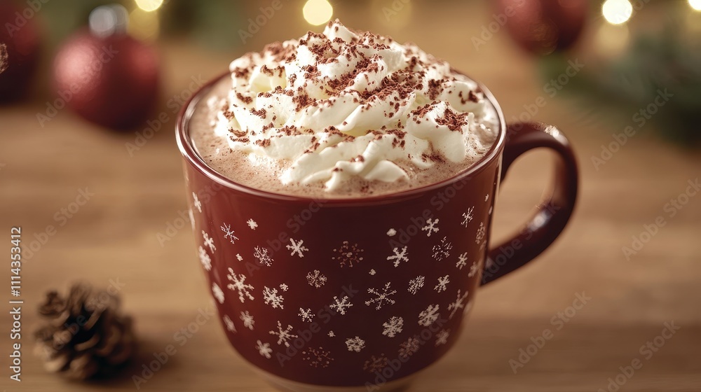 Delicious hot chocolate with whipped cream in a festive mug, perfect for winter holidays Delicious hot chocolate with whipped cream in a festive mug, perfect for winter holidays