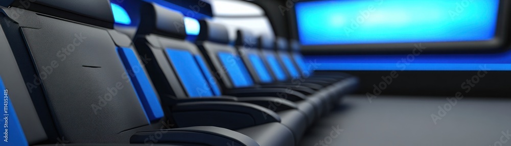 Fototapeta premium Futuristic Movie Theater Interior with Elegant Armchairs and Vibrant Blue Lighting Creating a Modern Atmosphere for Entertainment Experiences