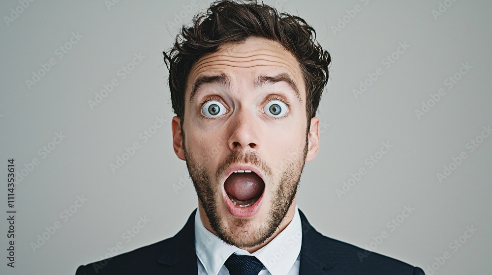 Man in business attire shows surprise in studio setting with expressive facial features Man in business attire shows surprise in studio setting with expressive facial features