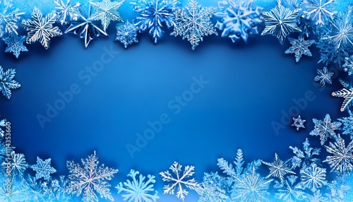 A  frame with an array of different-sized snowflakes in shades of blue