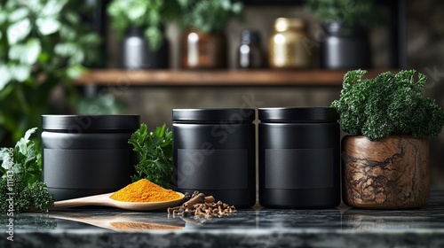 Fototapeta Naklejka Na Ścianę i Meble -  Elegant Spice Jars mockup with Wooden Spoon and Vibrant Ingredients on Polished Marble Surface