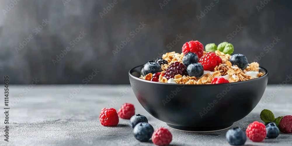 Cereal for breakfast featuring muesli, yogurt, and fresh berries is presented against a gray background, creating a visually appealing meal that combines flavors and textures. Cereal for breakfast featuring muesli, yogurt, and fresh berries is presented against a gray background, creating a visually appealing meal that combines flavors and textures.